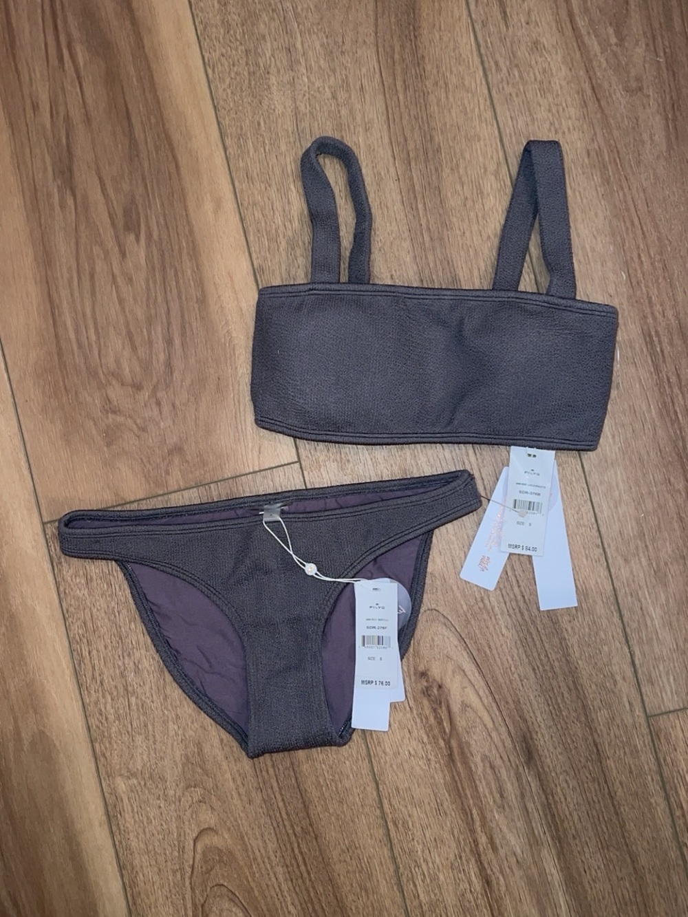 Pilyq Deep Grey Textured Bikini Set - Bandeau Top & Classic Bottoms